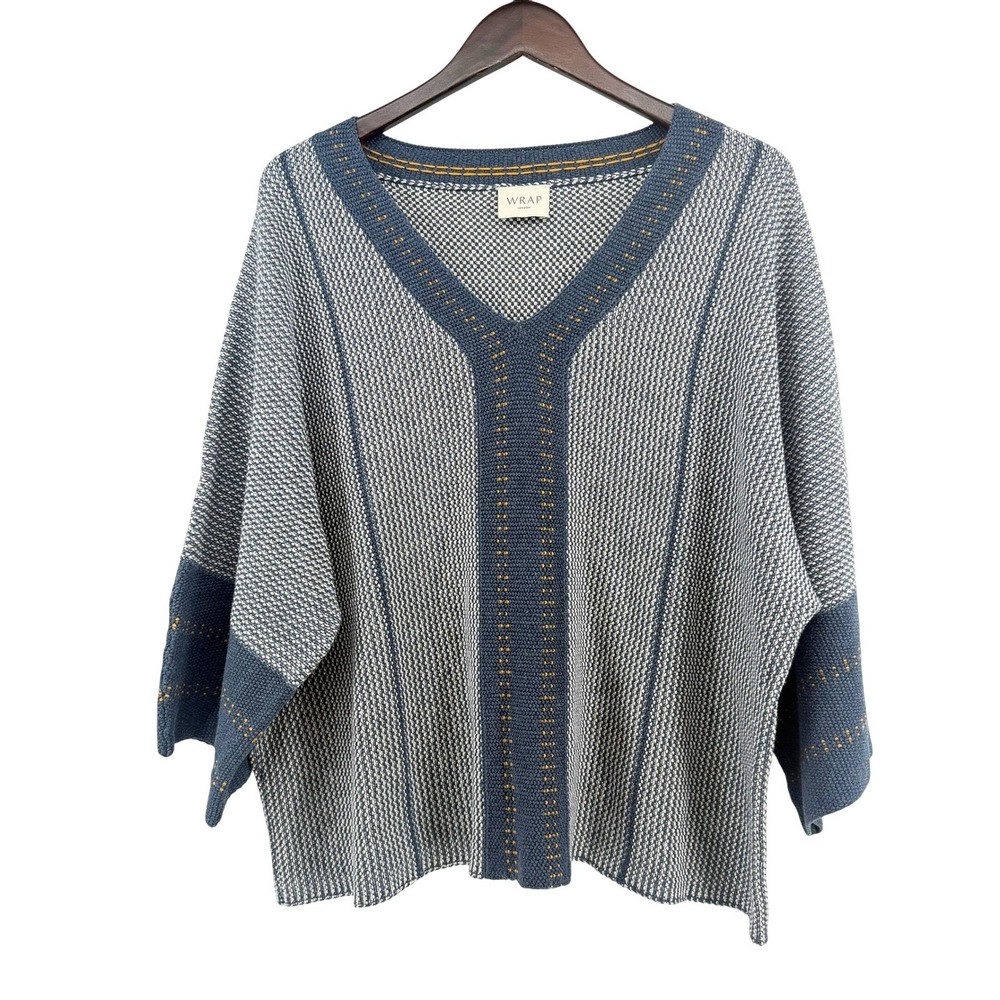 Wrap London Womens Blue White Cotton V-Neck Textured Knit Boxy Sweater US 16